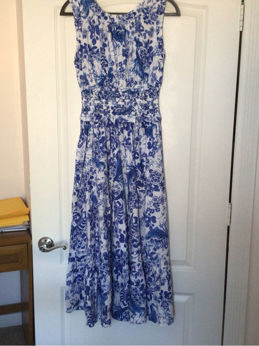 Anthropology Blue and White Floral Maxi Dress - Sleeveless Smocked Waist